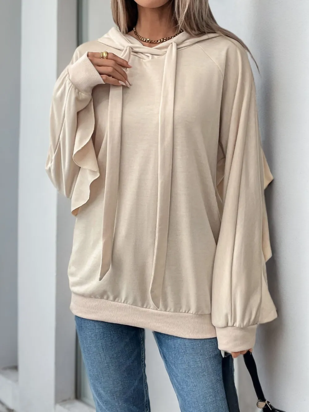 Drawstring Ruffled Long Sleeve Hoodie, image 3