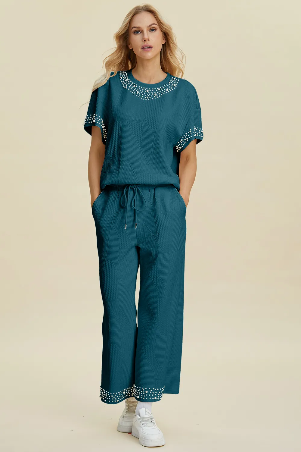 Full Size Pearl Detail Round Neck Top and Pants Set, image 9