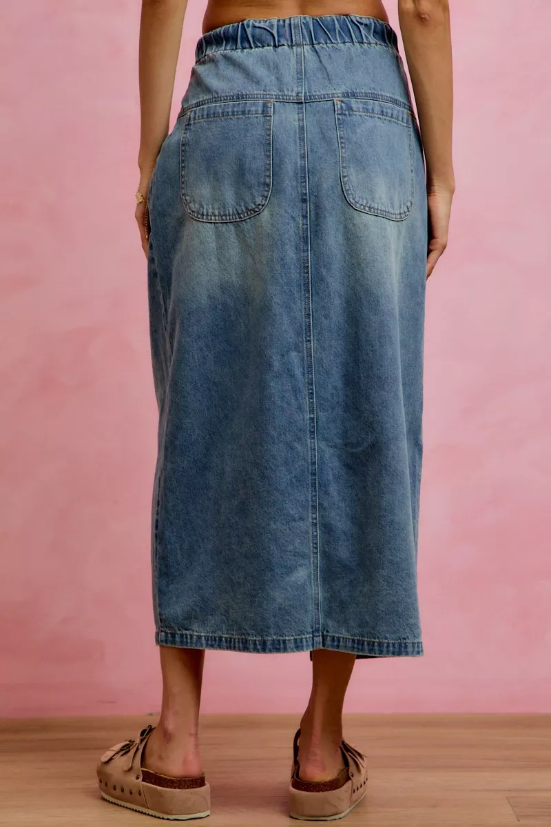Pleated Washed Denim Skirt With Front Slit, image 3