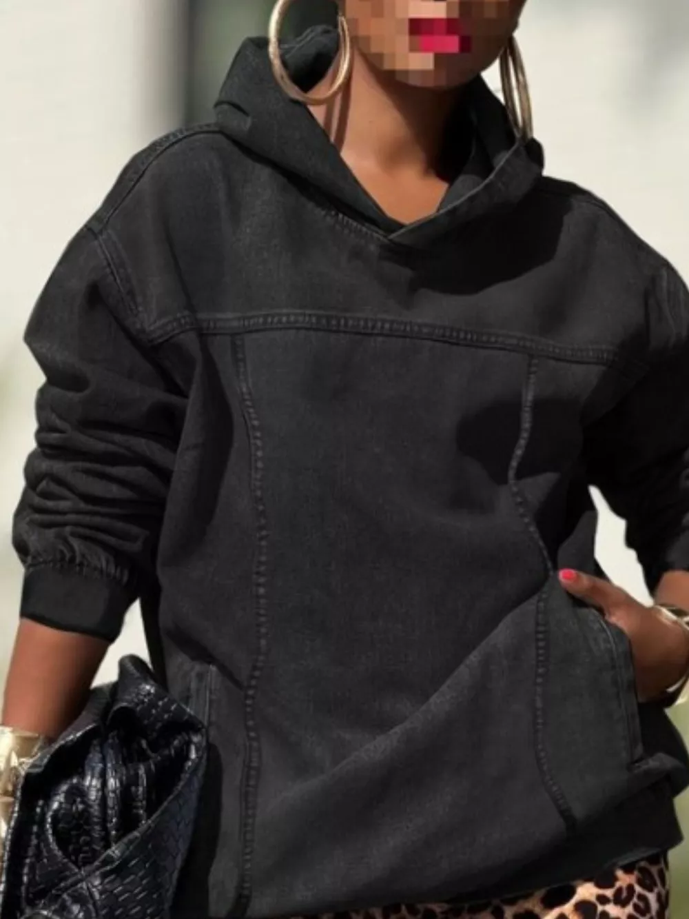 Oversized Washed Denim Hoodie with Front Pocket, image 7