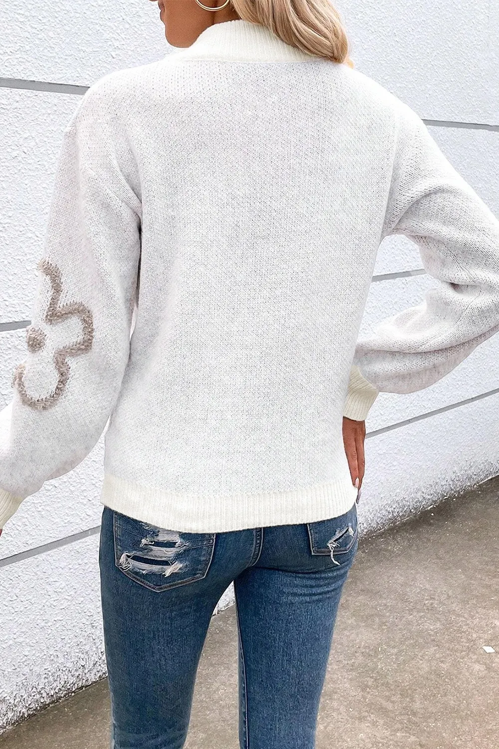 Flower Half Zip Dropped Shoulder Sweater, image 4