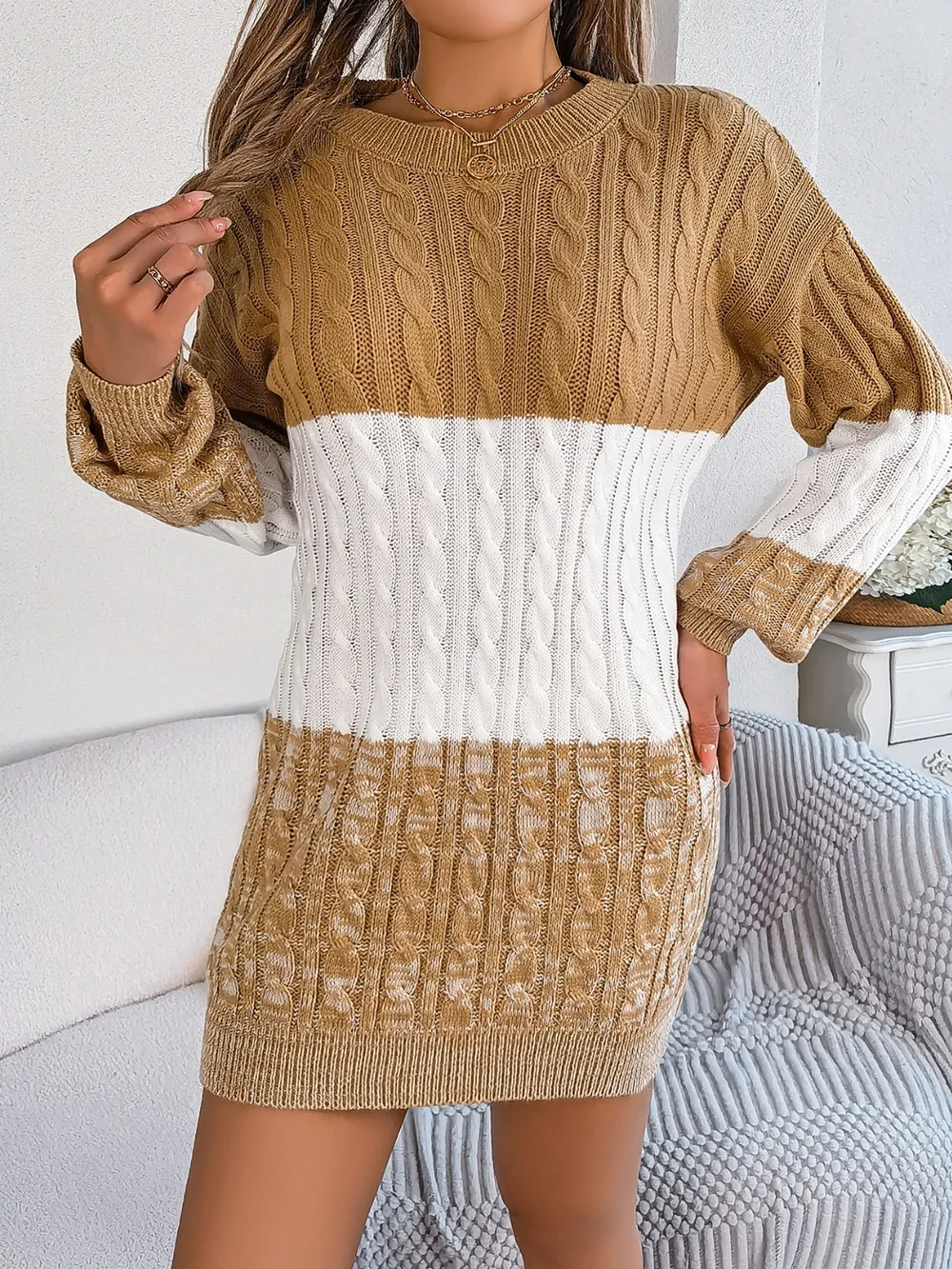 Cable-Knit Round Neck Color Block Sweater Dress, image 7