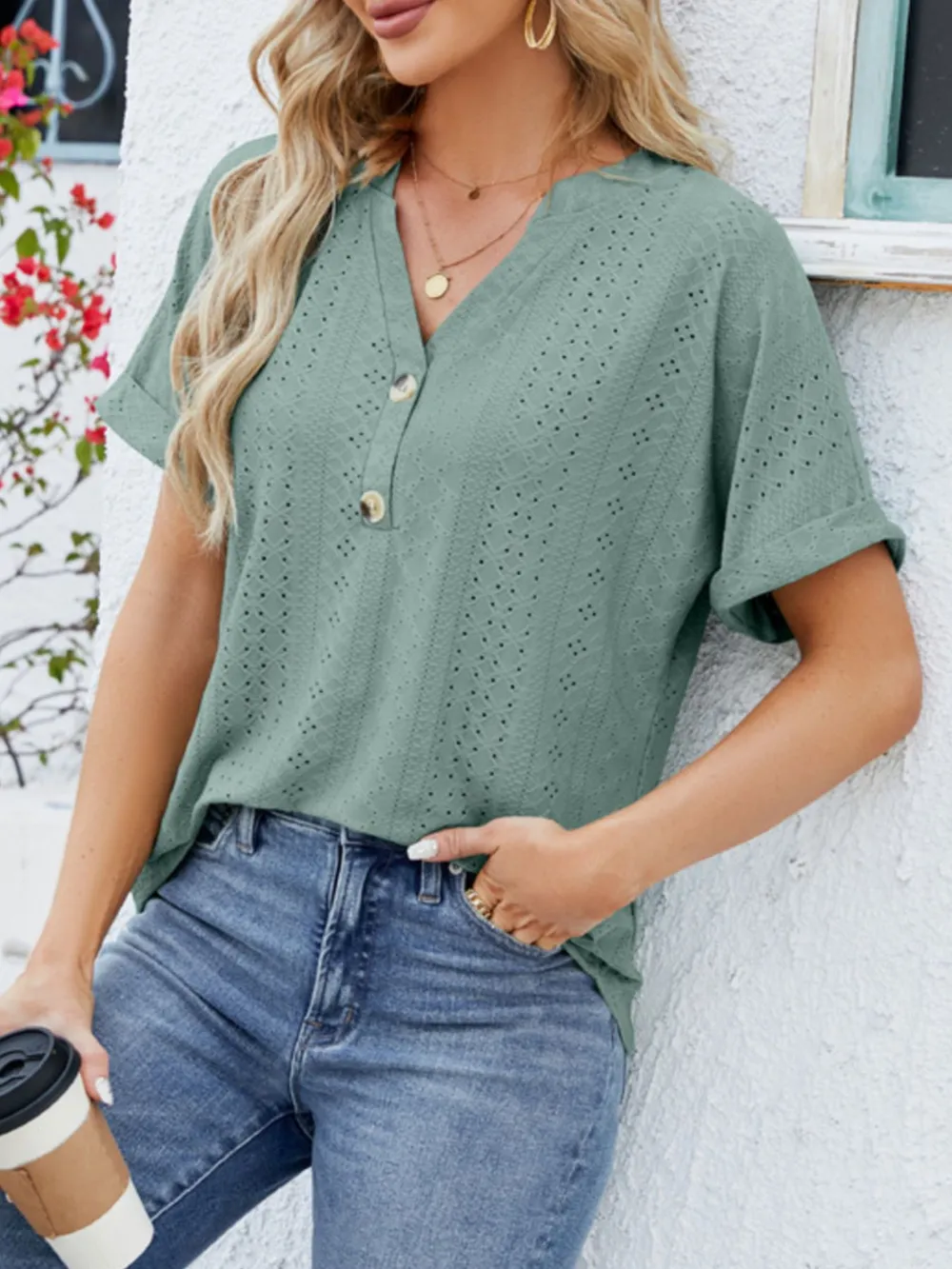 Eyelet Notched Short Sleeve Blouse, image 12