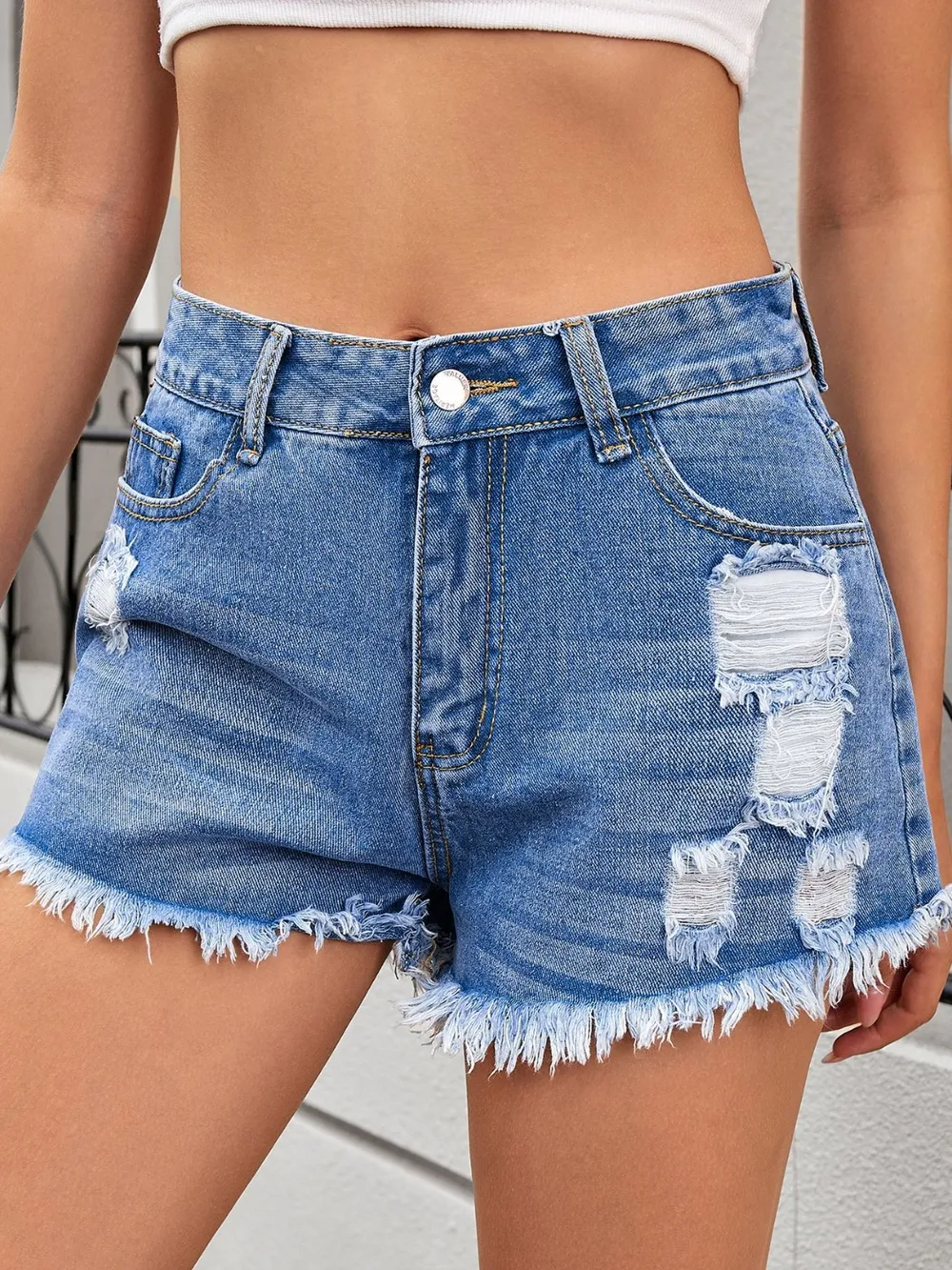 Distressed Raw Hem Denim Shorts, image 8