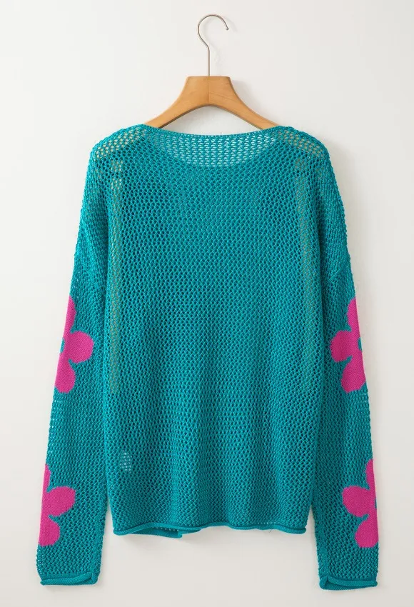 Openwork Round Neck Floral Knit Cover Up, image 12
