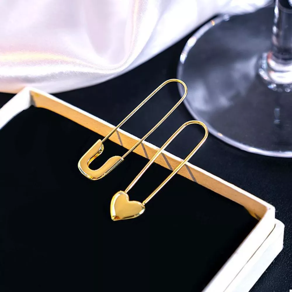 18K Gold-Plated Alloy Heart Safety Pin Drop Earrings, image 4