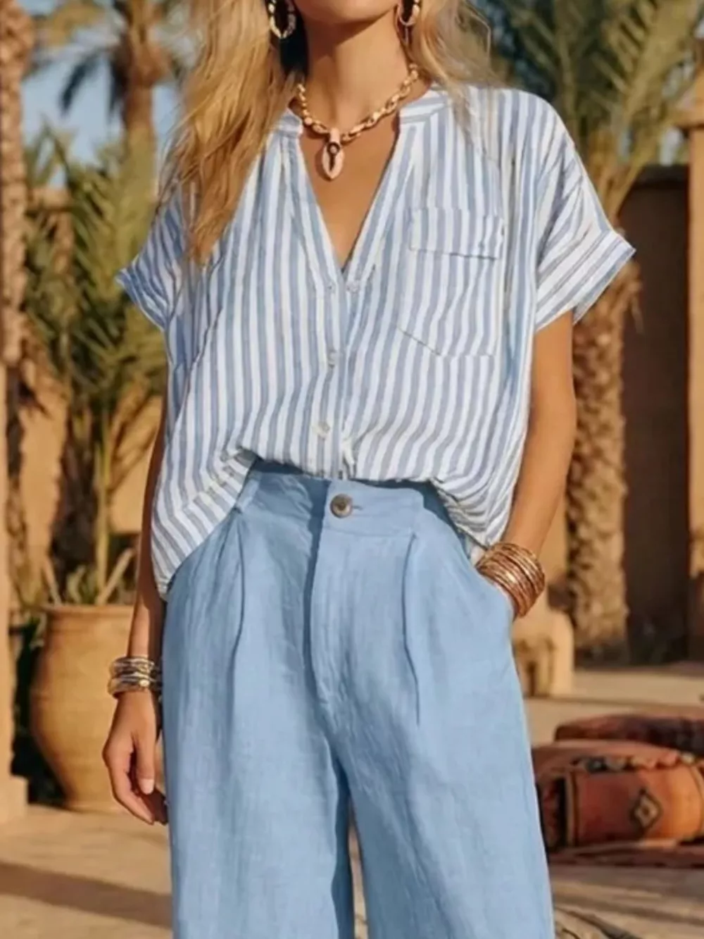 Full Size Striped Button Up Shirt and Pants Set Plus Size, image 6