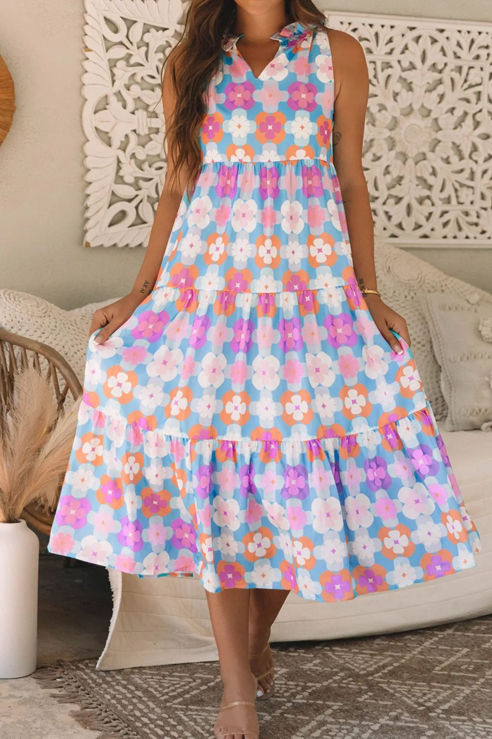 Floral Print Sleeveless Tiered Midi Dress, image 2