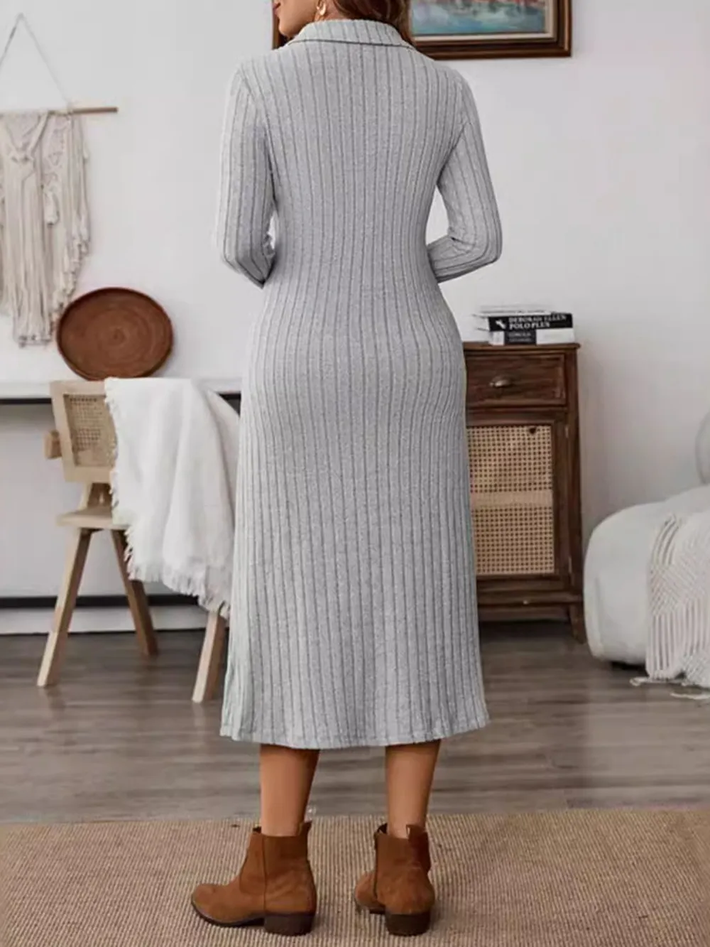 Collared Neck Long Sleeve Midi Dress, image 3