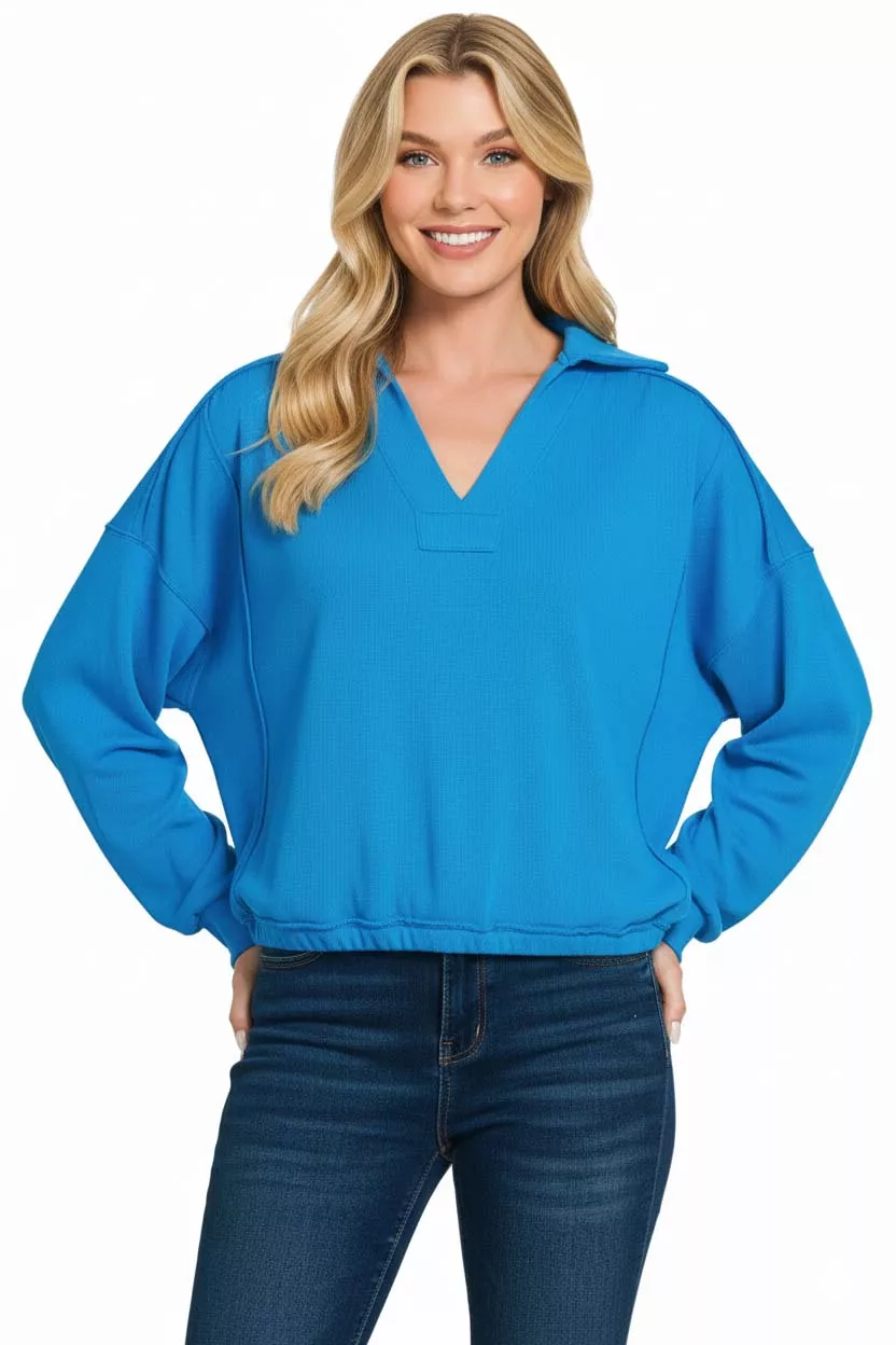 French Terry Collared Exposed Seam Sweatshirt, image 2