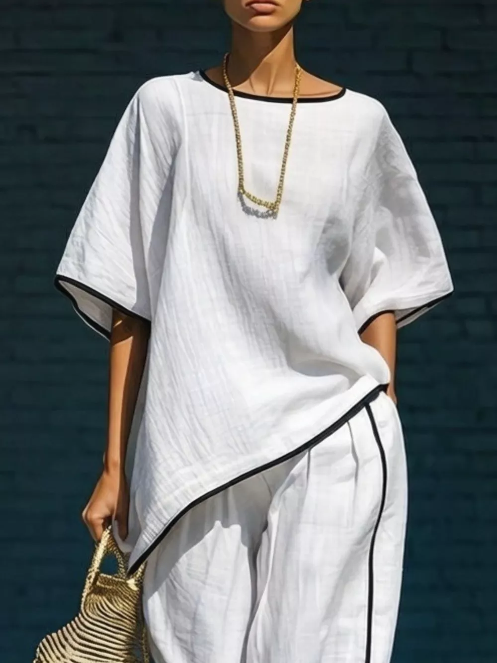 Contrast Trim Round Neck Top and Pants Set, image 3