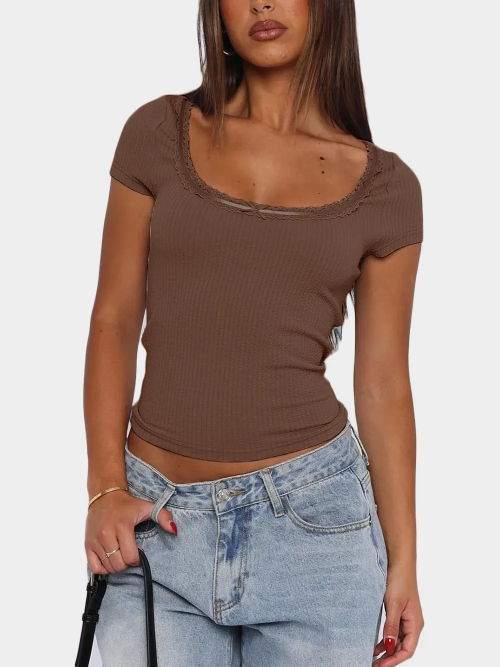 Lace Detail Scoop Neck Short Sleeve T-Shirt, image 10