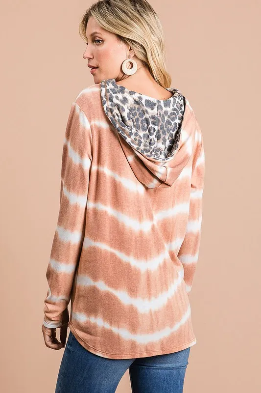 Tie Dye Stripe Terry Drawstring Hoodie With Leopard, image 5