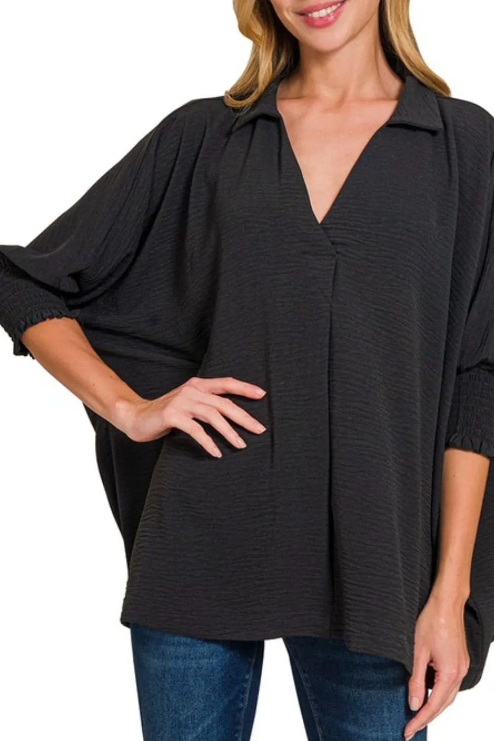 Airflow Collar Tee with Smocked Sleeve Band Top, image 2