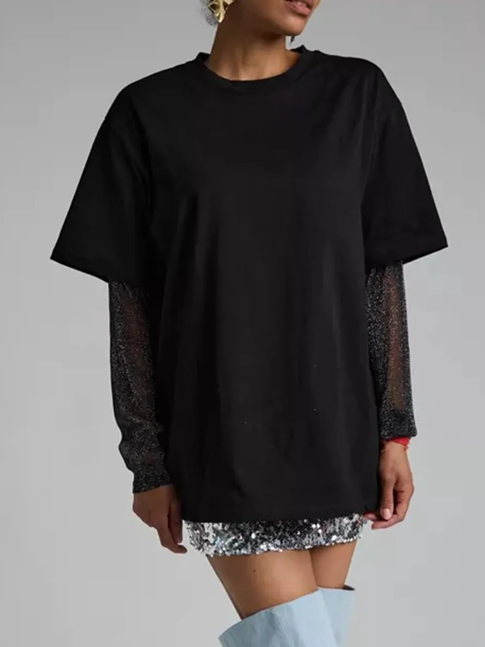 Faux Layered Round Neck Mesh Sleeve Top, image 24