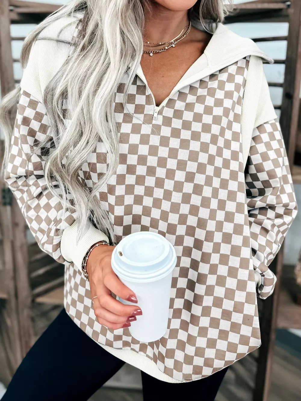 Checkered Quarter Zip Sweatshirt, image 3