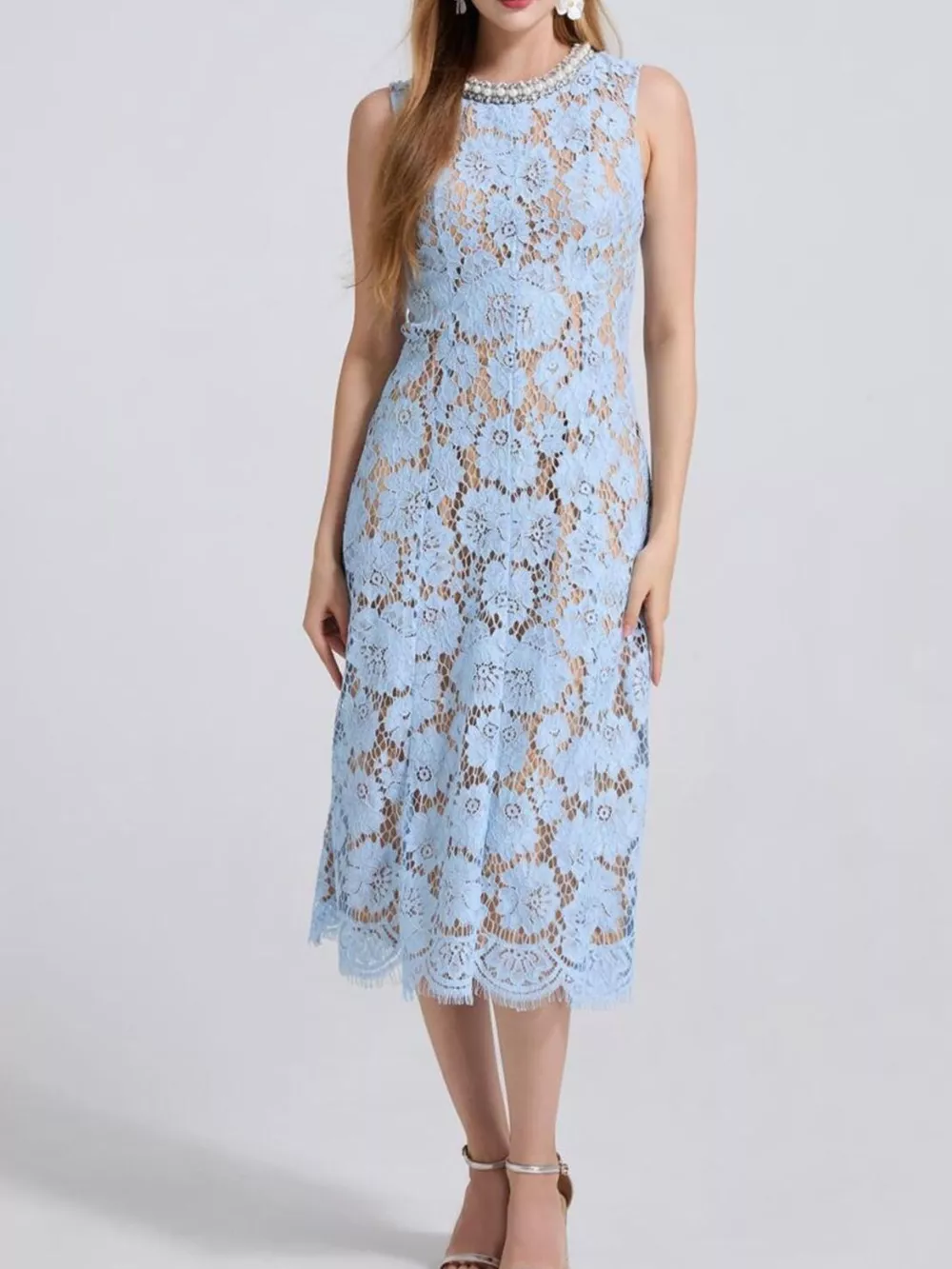 Pearl Neckline Sleeveless Lace Dress, image 9