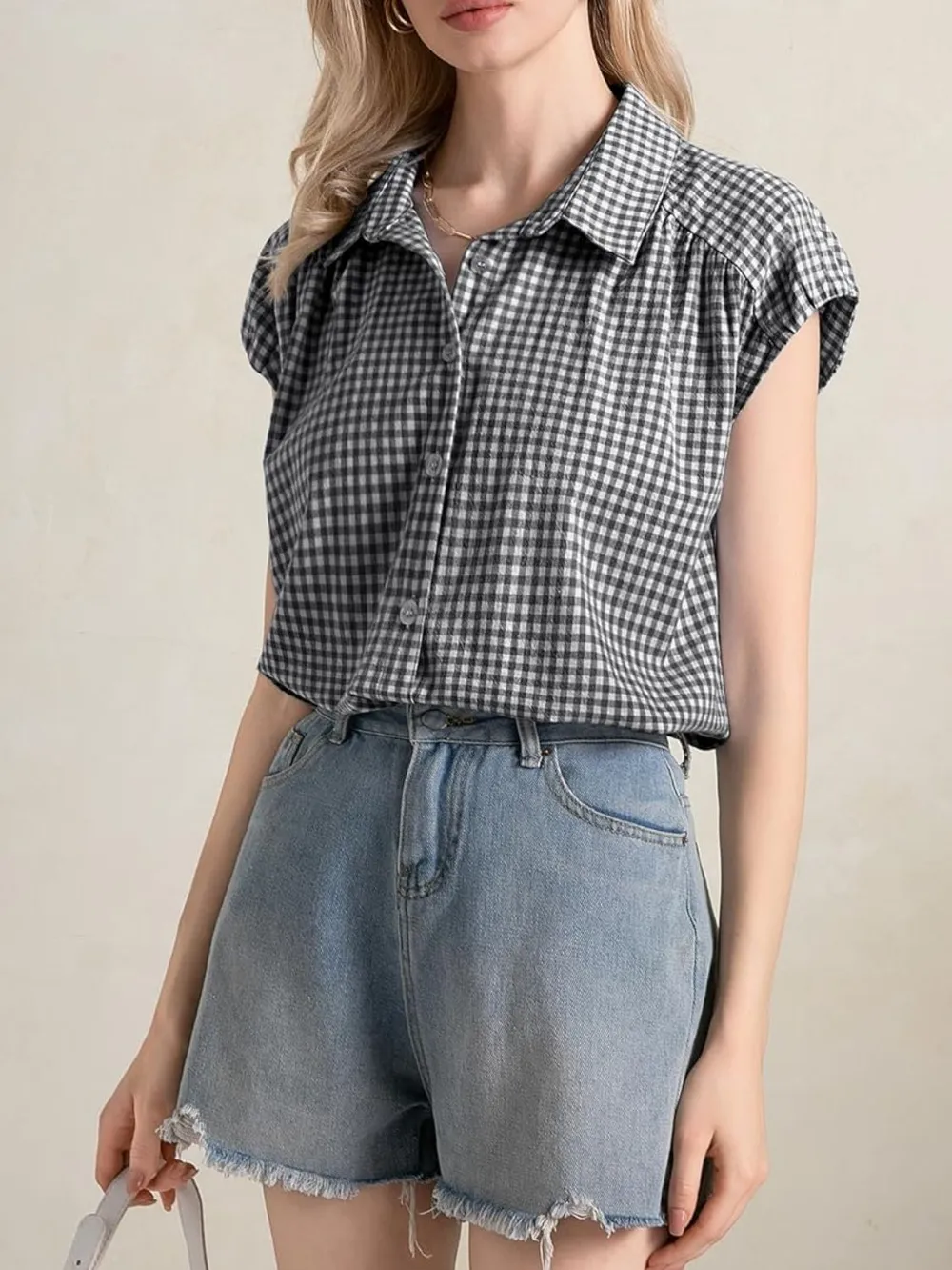 Plaid Button Up Cap Sleeve Shirt, image 15