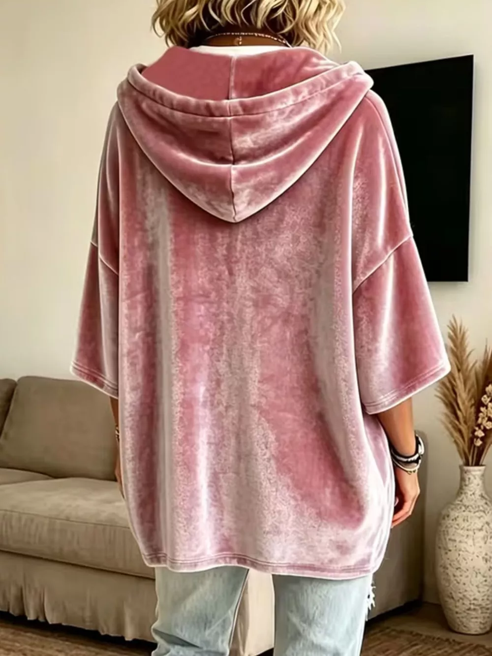 Velvet Loose Fit Hoodie with Drawstring, image 9