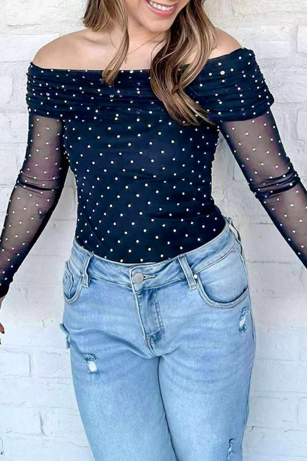 Off-Shoulder Polka Dot Mesh Blouse, image 3