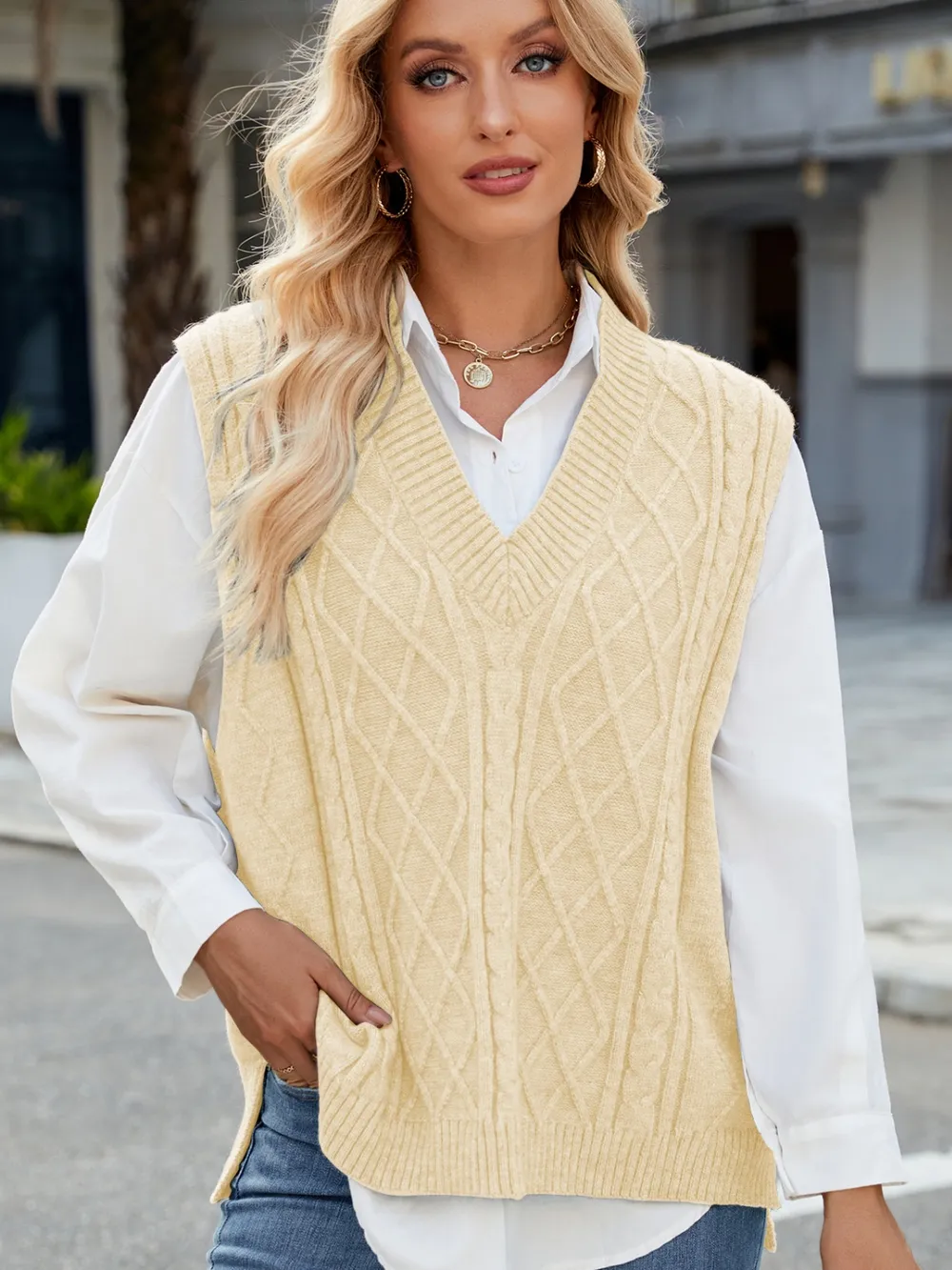Cable Knit V-Neck Sweater Vest, image 9