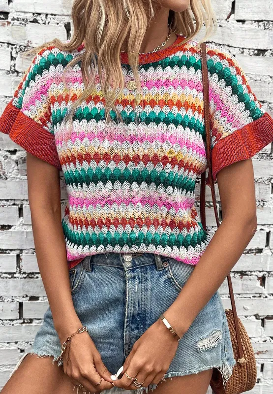 Contrast Round Neck Short Sleeve Sweater, image 14
