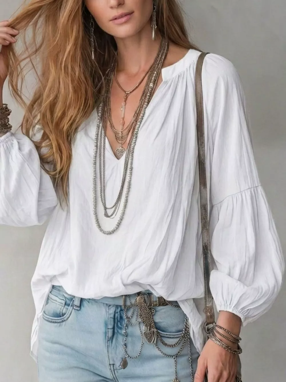 Notched Balloon Sleeve Blouse