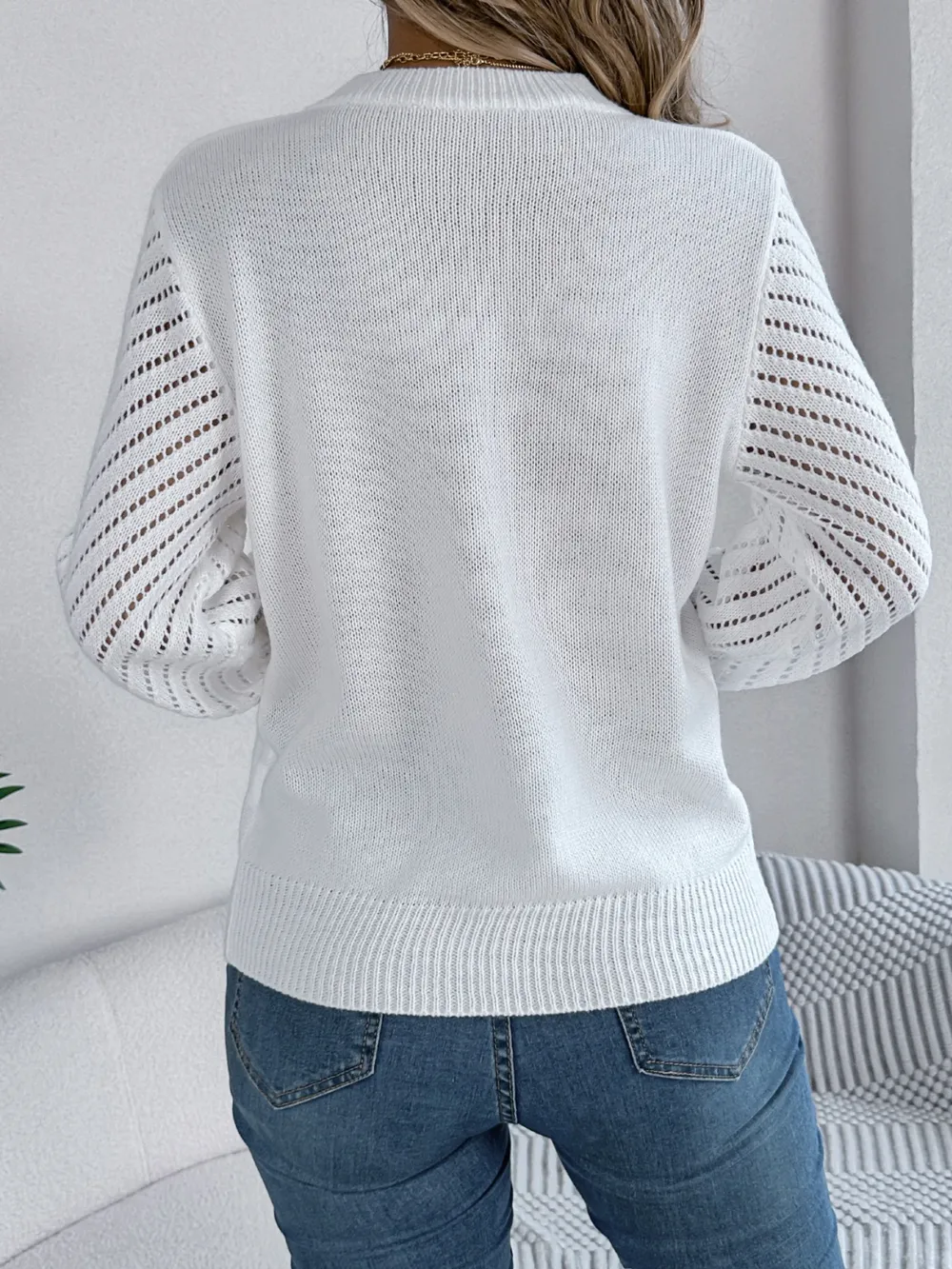 Openwork Round Neck Long Sleeve Knit Top, image 4