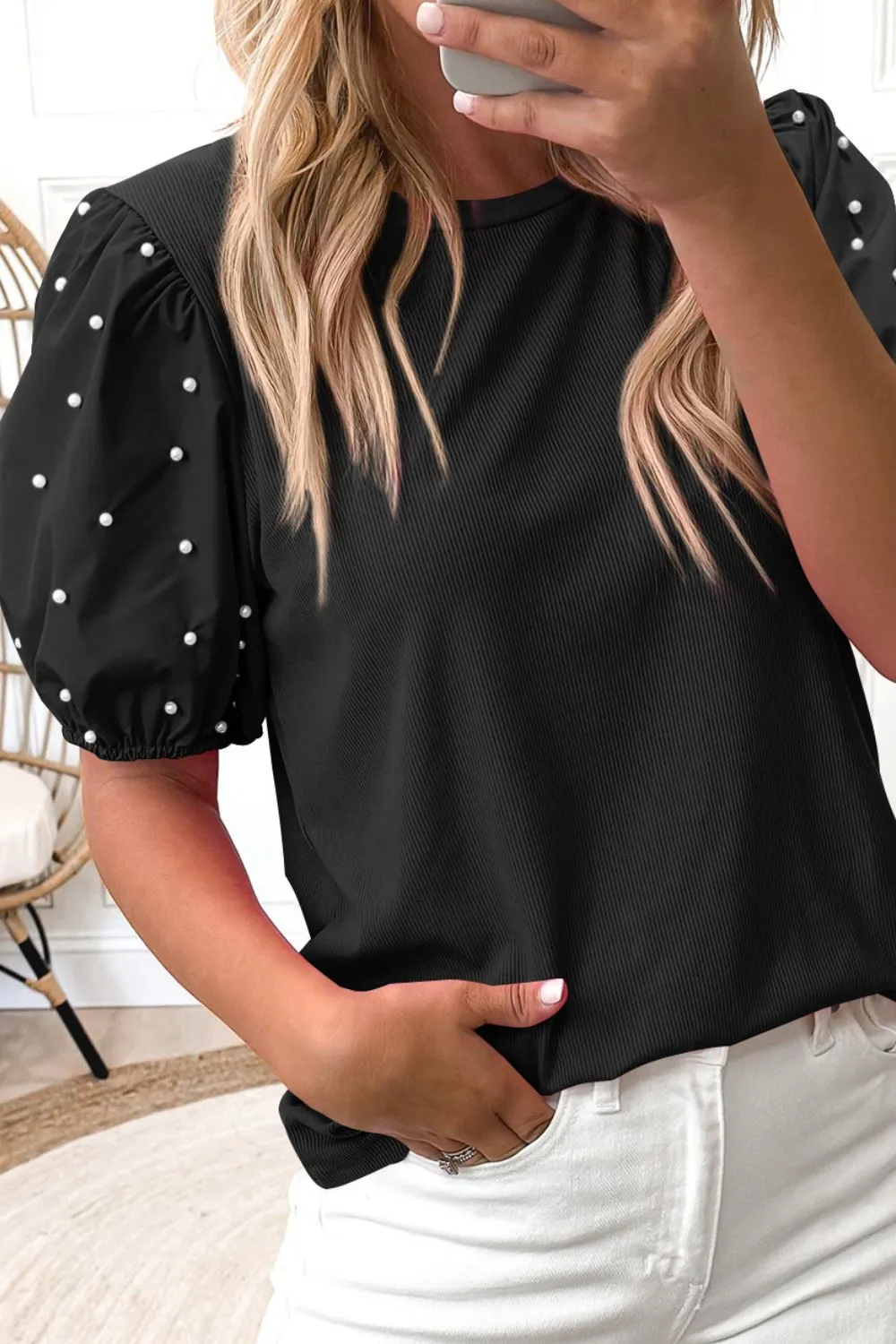 Pearl Detail Round Neck Short Sleeve Blouse, image 3