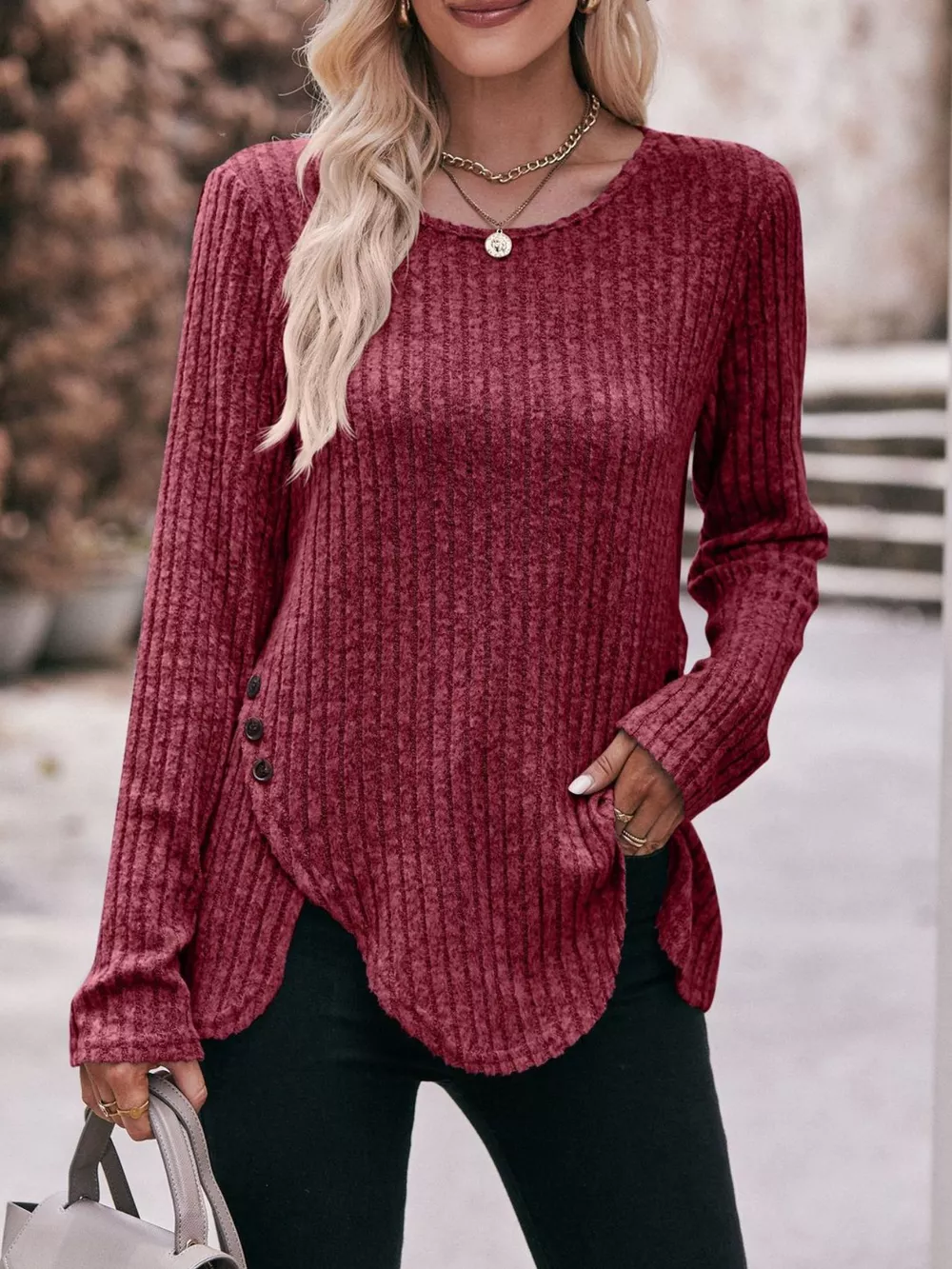 Ribbed Knit Long Sleeve T-Shirt, image 18