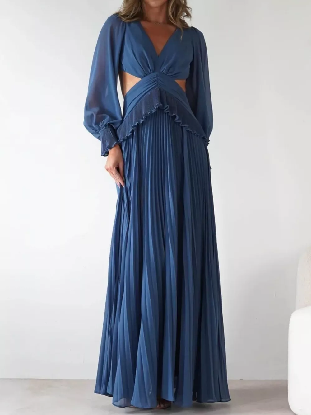 Backless Pleated Long Sleeve Maxi Dress, image 6