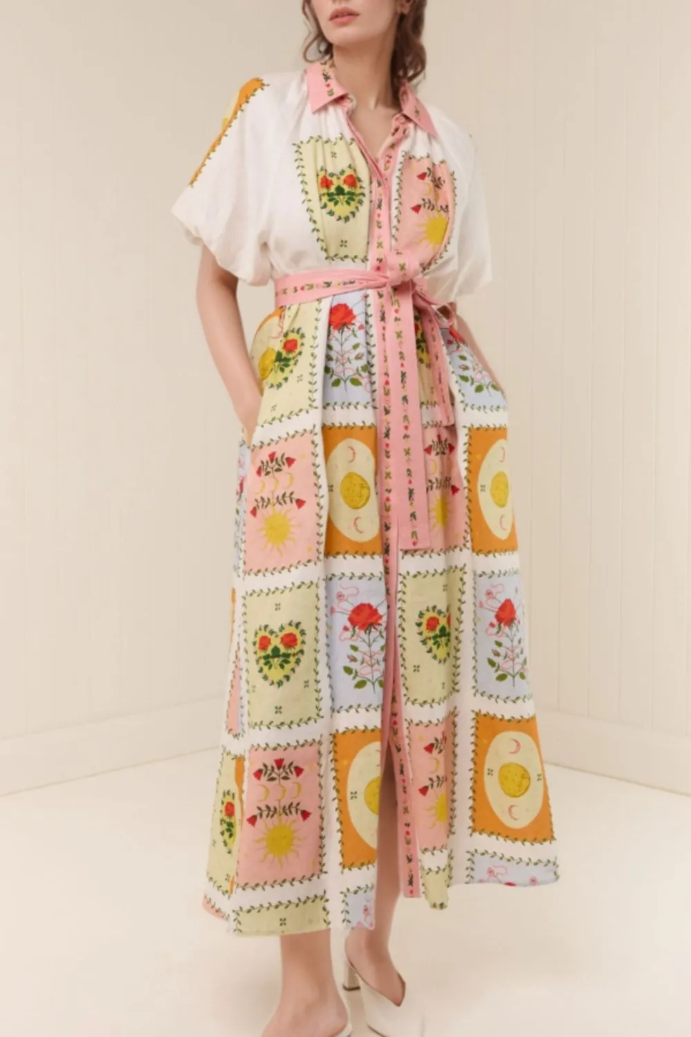 Printed Short Sleeve Belted Maxi Dress, image 4