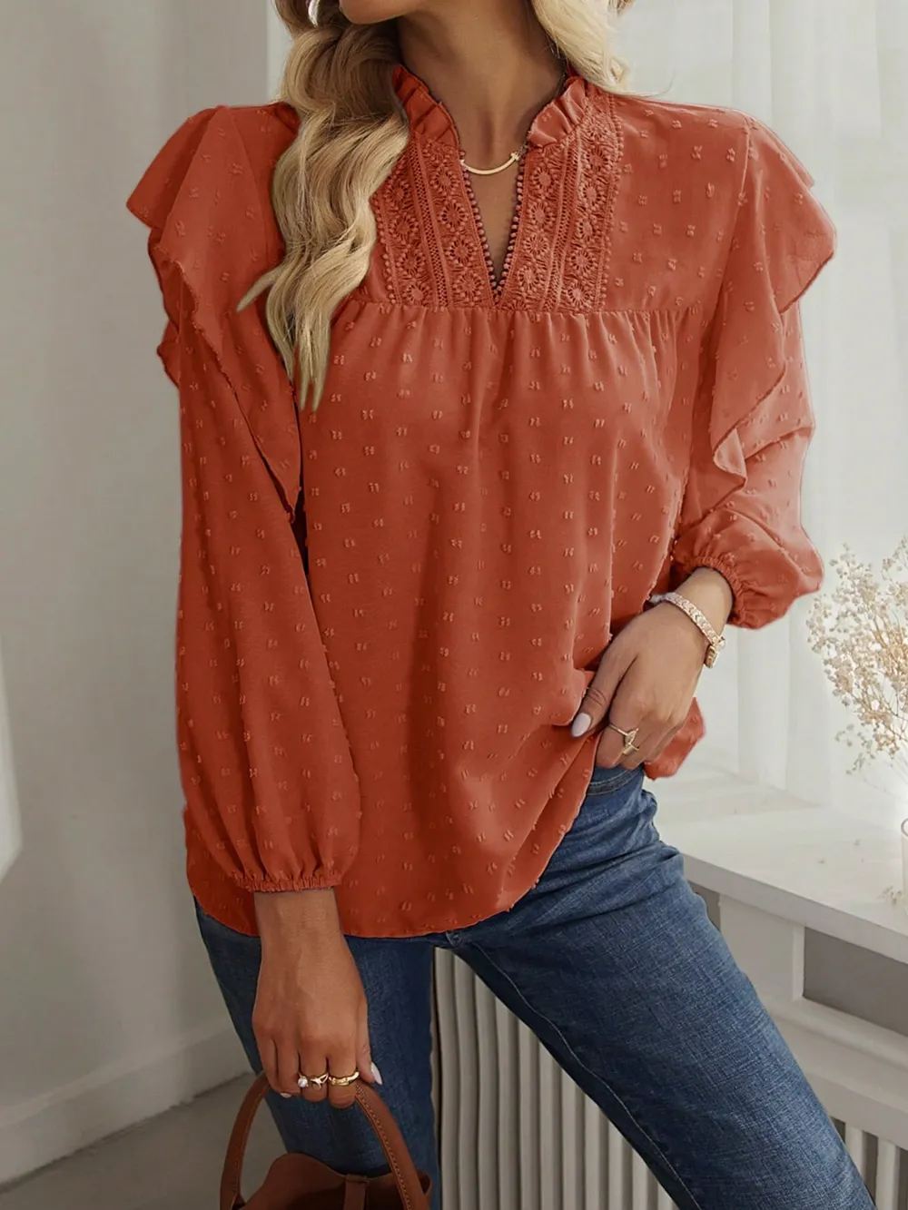 Swiss Dot Ruffled Long Sleeve Blouse, image 23