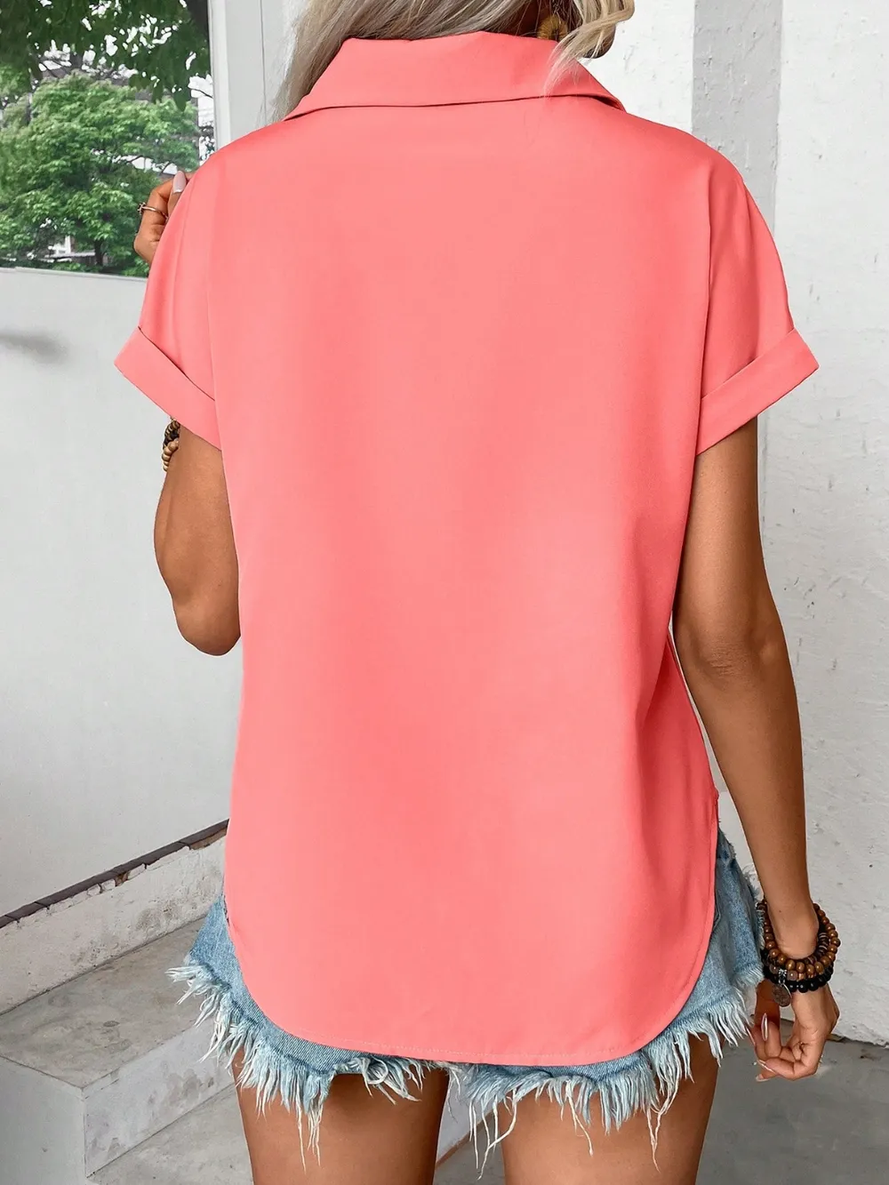 Pleated Detail Collared Neck Short Sleeve Shirt, image 16