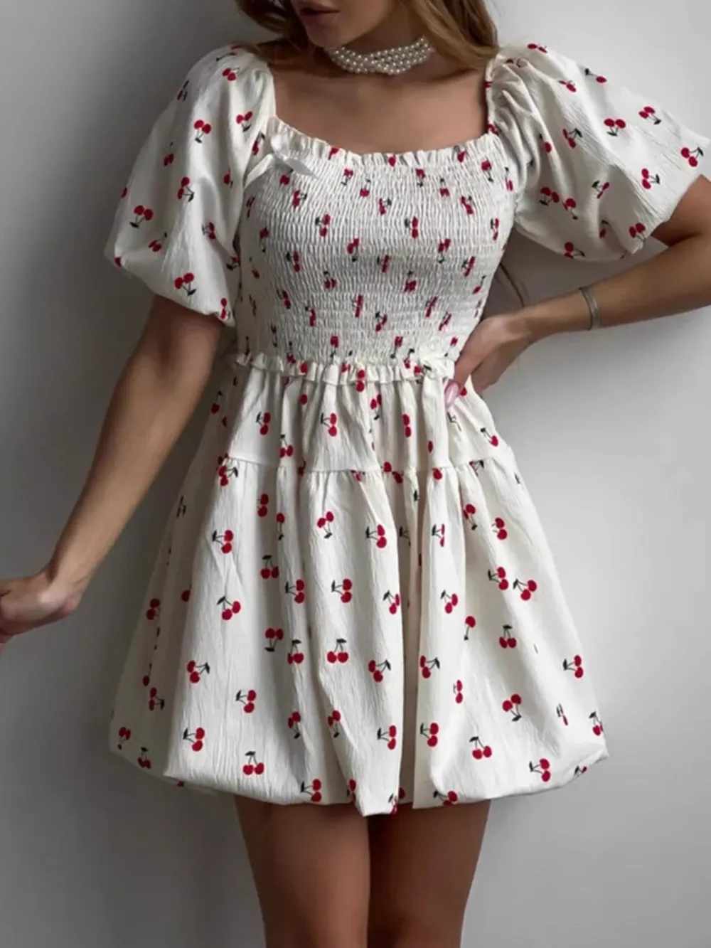Puff Sleeve Cherry Print Smocked Mini Dress, image 3
