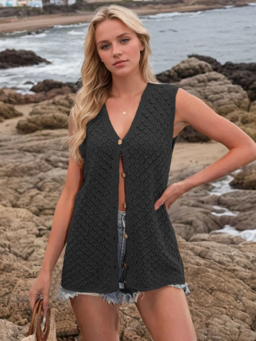 Button Down Eyelet V-Neck Sweater Vest, image 5