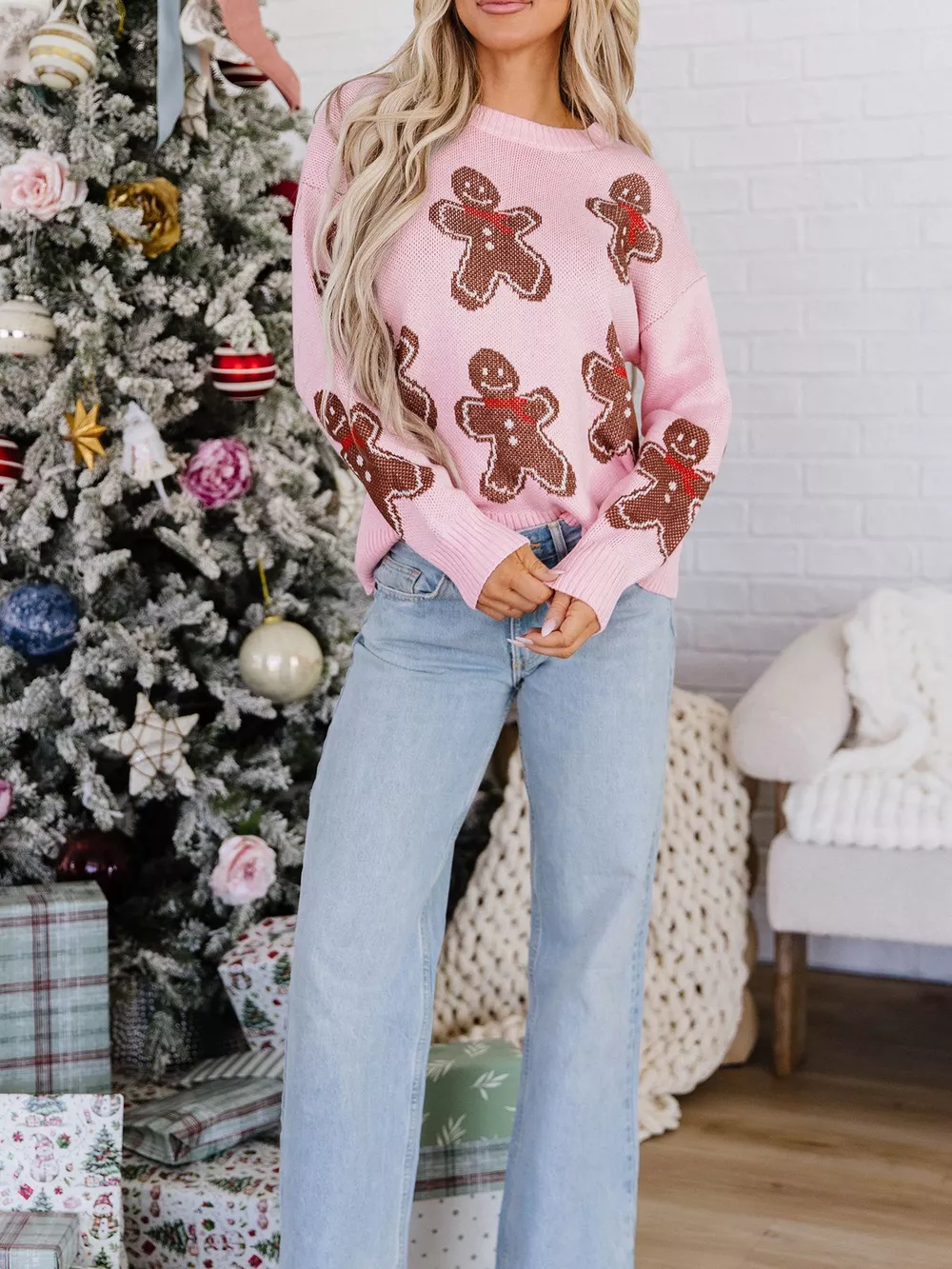 Gingerbread Pattern Round Neck Long Sleeve Shift Sweater, image 5