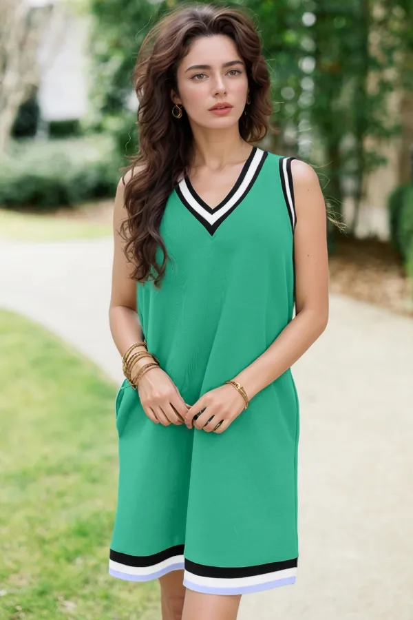 Color Contrast Trim V Neck Shift Sleeveless Mini Dress, image 8