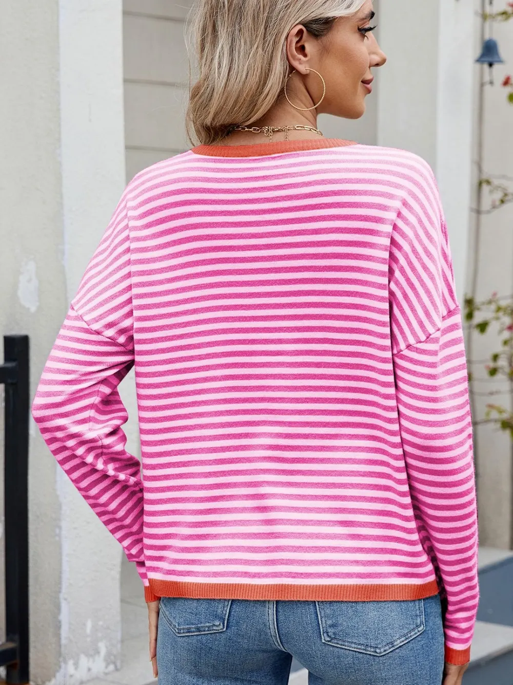 Striped Contrast Round Neck Long Sleeve Sweater, image 14