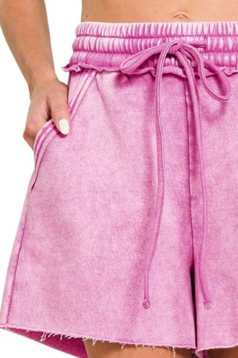 Acid Wash Fleece Drawstring Shorts With Pockets, image 2