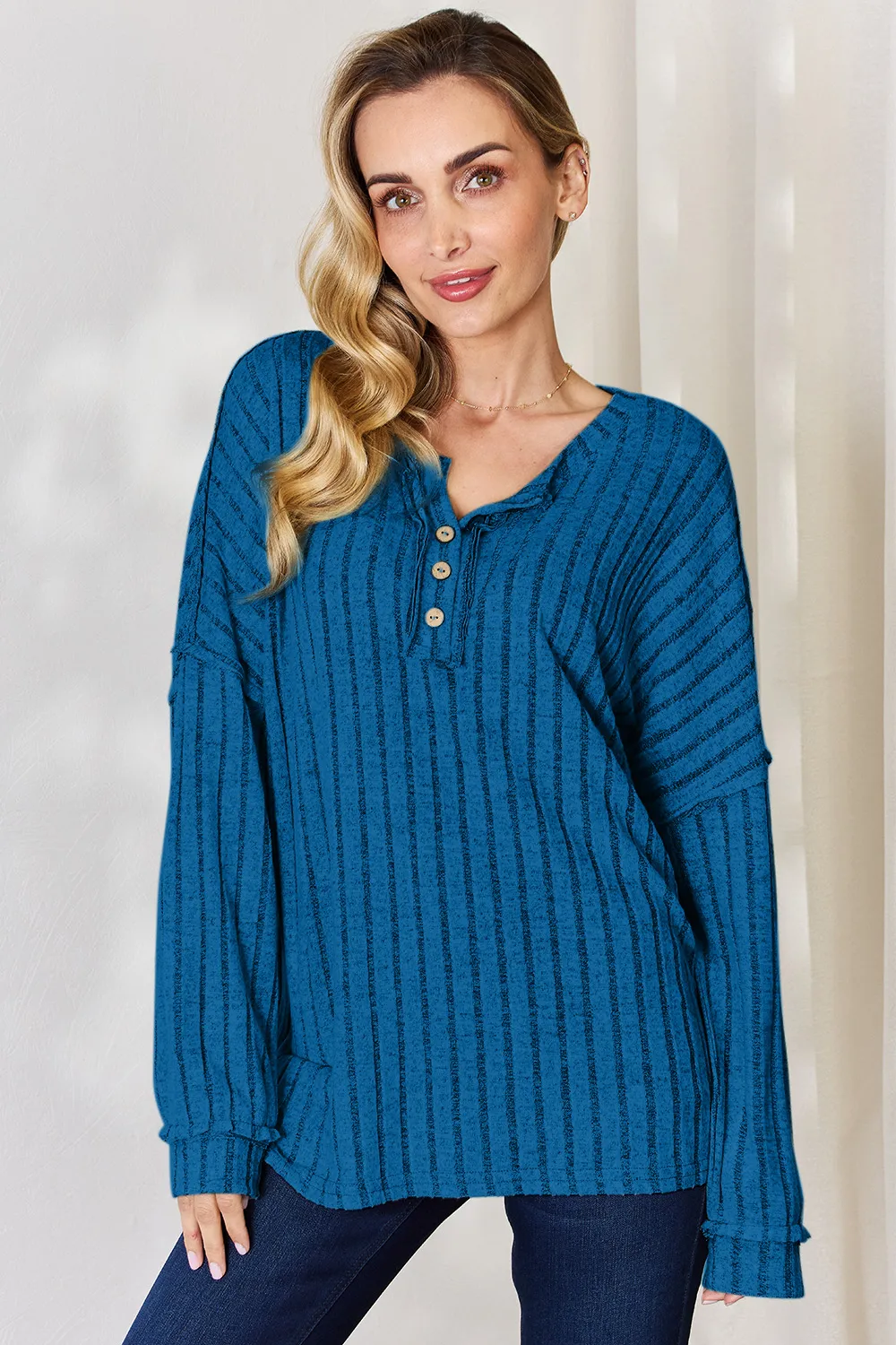 Full Size Ribbed Half Button Long Sleeve T-Shirt, image 17