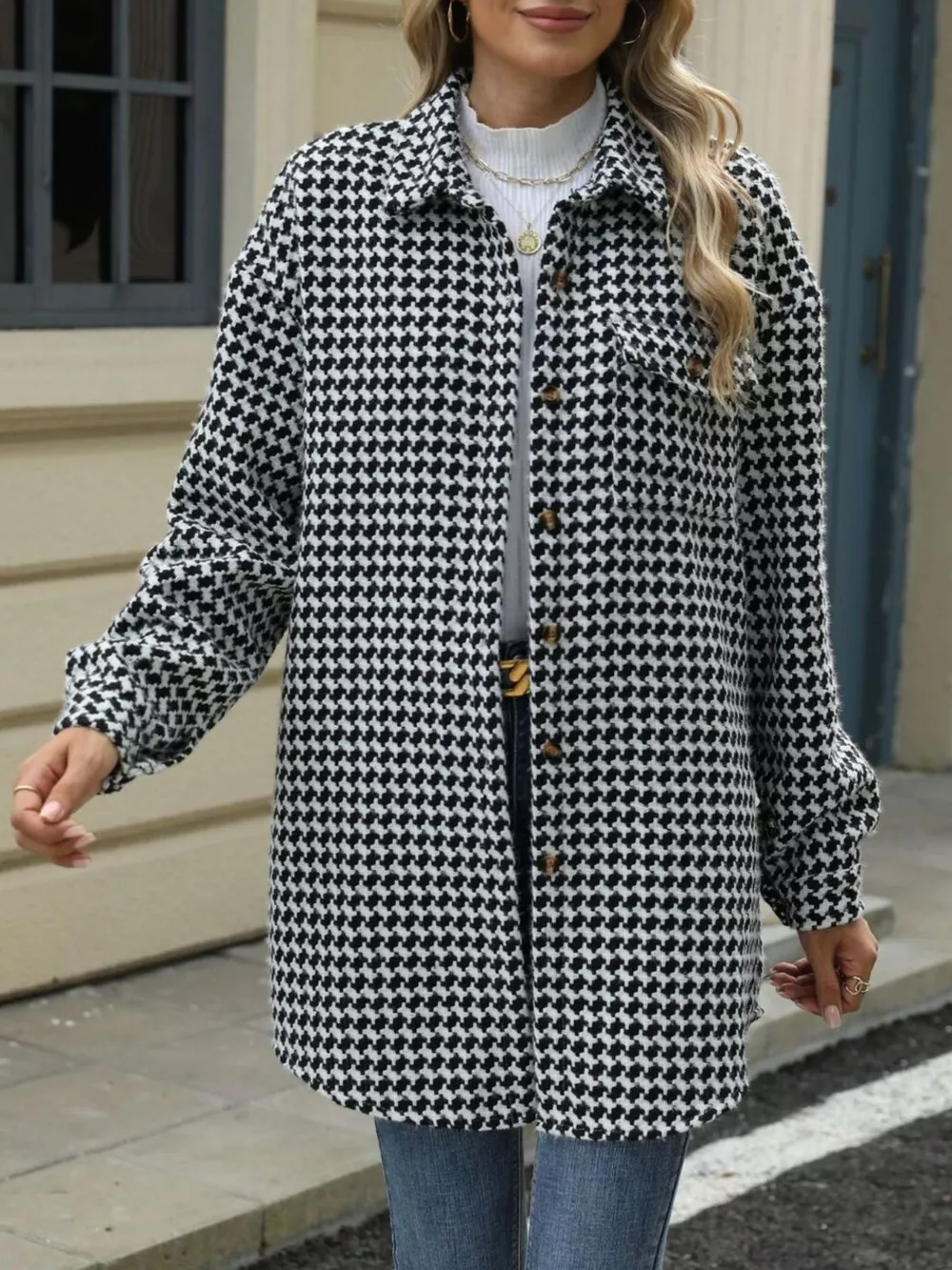 Houndstooth Button Up Long Sleeve Coat, image 5