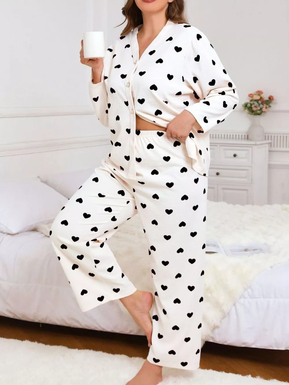Plus Size Heart Print Button-Down Top and Pants Set