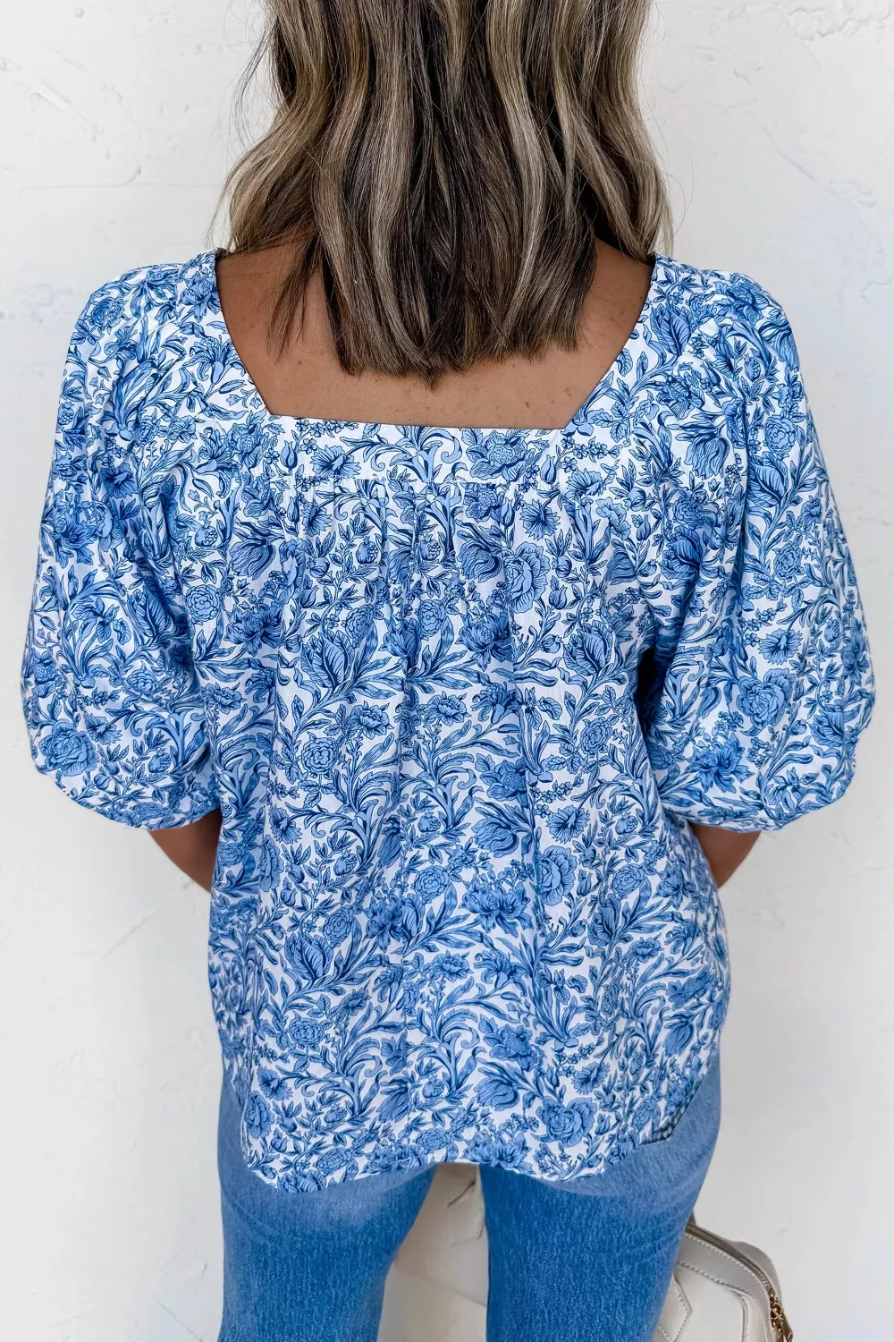 Square Neck Short Puff Sleeve Pleated Floral Blouse, image 8