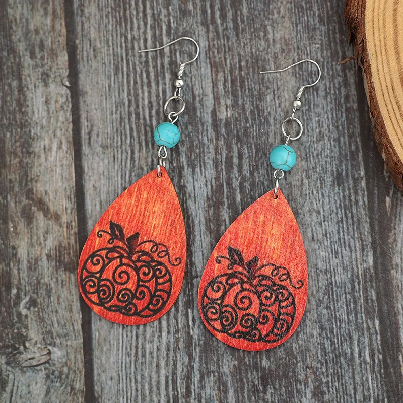Turquoise Wooden Pumpkin Teardrop Earrings, image 5
