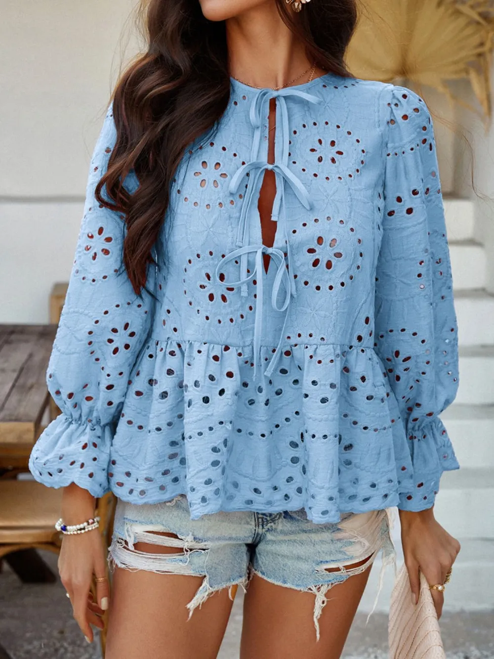 Tie Front Flounce Sleeve Peplum Blouse, image 2