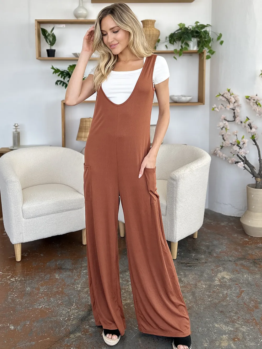 Full Size Sleeveless Wide Leg Jumpsuit with Pockets, image 9