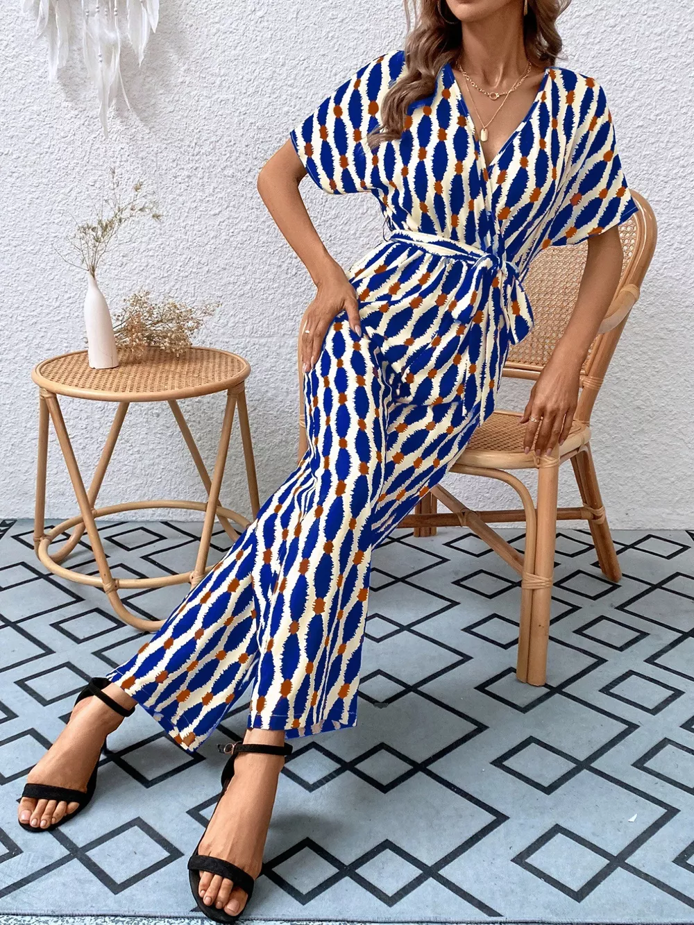 Printed Surplice Tie Waist Short Sleeve Jumpsuit, image 12