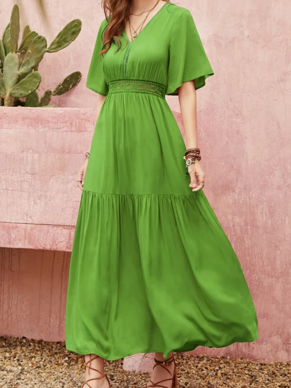 Lace Detail V-Neck Short Sleeve Dress, image 3