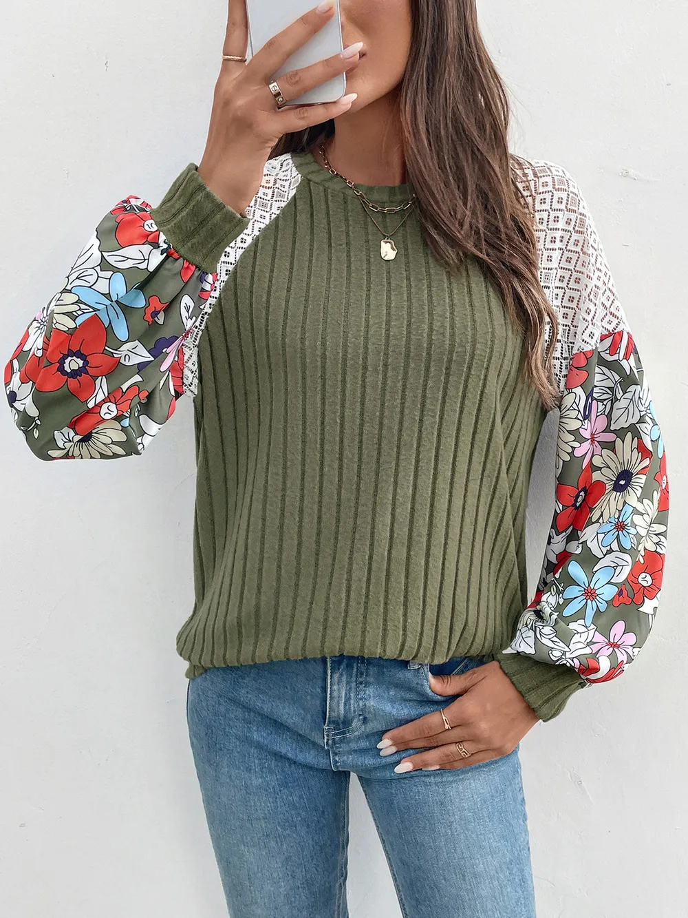 Printed Round Neck Long Sleeve Knit Top, image 4